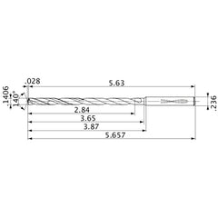 MVS0357X20S060 DP1020 0.1406″ Dia. × 0.236″ Shank × 3.65″ Flute Length × 5.657″ OAL, 140°, 2 Flute, Coolant Thru, Solid Carbide Drill