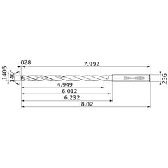 MVS0357X35S060 DP1020 0.1406″ Dia. × 0.236″ Shank × 6.012″ Flute Length × 8.02″ OAL, 140°, 2 Flute, Coolant Thru, Solid Carbide Drill