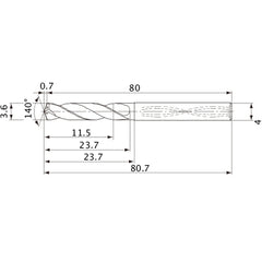 MVS0360X03S040 DP1020 3.6 mm Dia. × 4 mm Shank × 23.7 mm Flute Length × 80.7 mm OAL, 140°, 2 Flute, Coolant Thru, Solid Carbide Drill