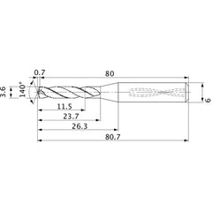 MVS0360X03S060 DP1020 3.6 mm Dia. × 6 mm Shank × 23.7 mm Flute Length × 80.7 mm OAL, 140°, 2 Flute, Coolant Thru, Solid Carbide Drill