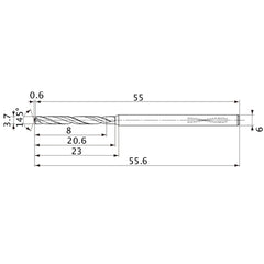 MVS0370X02S060PL DP1020 3.7 mm Dia. × 6 mm Shank × 20.6 mm Flute Length × 55.6 mm OAL, 145°, 2 Flute, Coolant Thru, Solid Carbide Drill