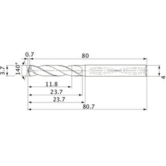 MVS0370X03S040 DP1020 3.7 mm Dia. × 4 mm Shank × 23.7 mm Flute Length × 80.7 mm OAL, 140°, 2 Flute, Coolant Thru, Solid Carbide Drill