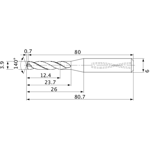 MVS0390X03S060 DP1020 3.9 mm Dia. × 6 mm Shank × 23.7 mm Flute Length × 80.7 mm OAL, 140°, 2 Flute, Coolant Thru, Solid Carbide Drill