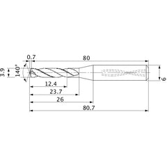 MVS0390X03S060 DP1020 3.9 mm Dia. × 6 mm Shank × 23.7 mm Flute Length × 80.7 mm OAL, 140°, 2 Flute, Coolant Thru, Solid Carbide Drill