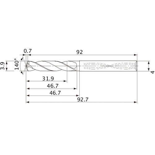 MVS0390X08S040 DP1020 3.9 mm Dia. × 4 mm Shank × 46.7 mm Flute Length × 92.7 mm OAL, 140°, 2 Flute, Coolant Thru, Solid Carbide Drill