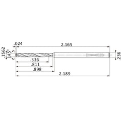 MVS0397X02S060PL DP1020 0.1562″ Dia. × 0.236″ Shank × 0.811″ Flute Length × 2.189″ OAL, 145°, 2 Flute, Coolant Thru, Solid Carbide Drill