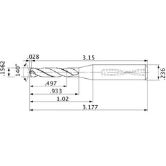 MVS0397X03S060 DP1020 0.1562″ Dia. × 0.236″ Shank × 0.933″ Flute Length × 3.177″ OAL, 140°, 2 Flute, Coolant Thru, Solid Carbide Drill