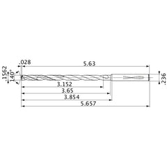MVS0397X20S060 DP1020 0.1562″ Dia. × 0.236″ Shank × 3.65″ Flute Length × 5.657″ OAL, 140°, 2 Flute, Coolant Thru, Solid Carbide Drill