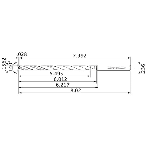 MVS0397X35S060 DP1020 0.1562″ Dia. × 0.236″ Shank × 6.012″ Flute Length × 8.02″ OAL, 140°, 2 Flute, Coolant Thru, Solid Carbide Drill