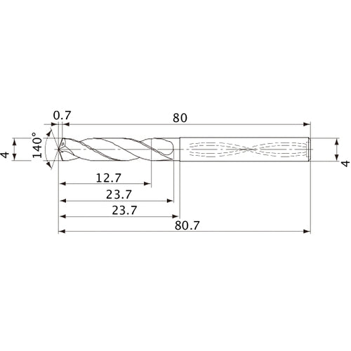 MVS0400X03S040 DP1020 4 mm Dia. × 4 mm Shank × 23.7 mm Flute Length × 80.7 mm OAL, 140°, 2 Flute, Coolant Thru, Solid Carbide Drill