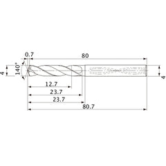 MVS0400X03S040 DP1020 4 mm Dia. × 4 mm Shank × 23.7 mm Flute Length × 80.7 mm OAL, 140°, 2 Flute, Coolant Thru, Solid Carbide Drill