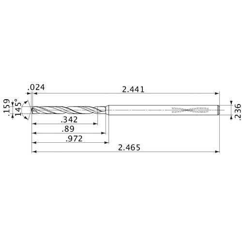 MVS0404X02S060PL DP1020 0.159″ Dia. × 0.236″ Shank × 0.89″ Flute Length × 2.465″ OAL, 145°, 2 Flute, Coolant Thru, Solid Carbide Drill