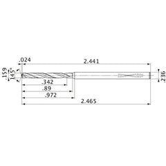 MVS0404X02S060PL DP1020 0.159″ Dia. × 0.236″ Shank × 0.89″ Flute Length × 2.465″ OAL, 145°, 2 Flute, Coolant Thru, Solid Carbide Drill