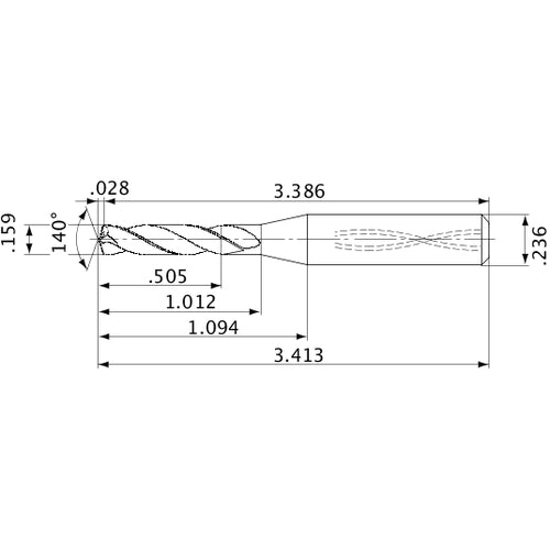 MVS0404X03S060 DP1020 0.159″ Dia. × 0.236″ Shank × 1.012″ Flute Length × 3.413″ OAL, 140°, 2 Flute, Coolant Thru, Solid Carbide Drill