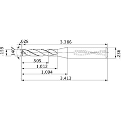 MVS0404X03S060 DP1020 0.159″ Dia. × 0.236″ Shank × 1.012″ Flute Length × 3.413″ OAL, 140°, 2 Flute, Coolant Thru, Solid Carbide Drill