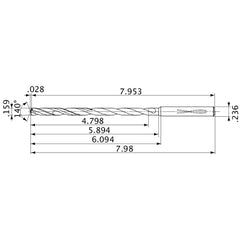 MVS0404X30S060 DP1020 0.159″ Dia. × 0.236″ Shank × 5.894″ Flute Length × 7.98″ OAL, 140°, 2 Flute, Coolant Thru, Solid Carbide Drill