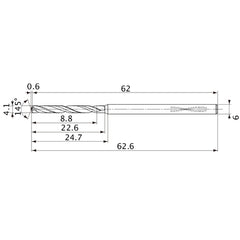 MVS0410X02S060PL DP1020 4.1 mm Dia. × 6 mm Shank × 22.6 mm Flute Length × 62.6 mm OAL, 145°, 2 Flute, Coolant Thru, Solid Carbide Drill