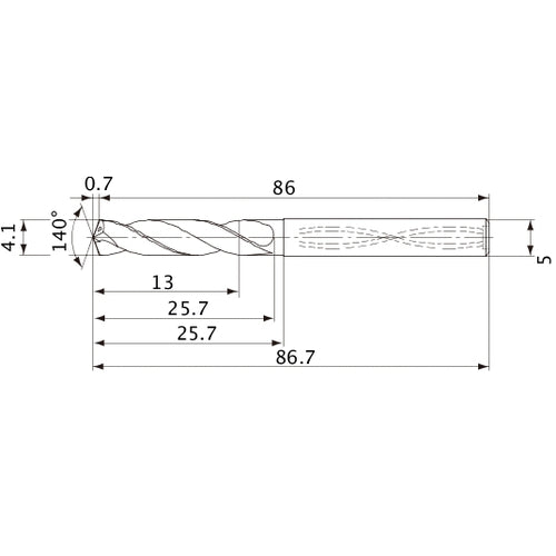 MVS0410X03S050 DP1020 4.1 mm Dia. × 5 mm Shank × 25.7 mm Flute Length × 86.7 mm OAL, 140°, 2 Flute, Coolant Thru, Solid Carbide Drill