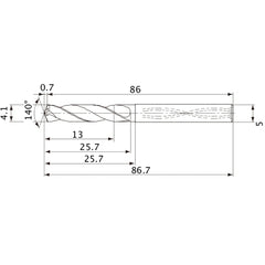MVS0410X03S050 DP1020 4.1 mm Dia. × 5 mm Shank × 25.7 mm Flute Length × 86.7 mm OAL, 140°, 2 Flute, Coolant Thru, Solid Carbide Drill