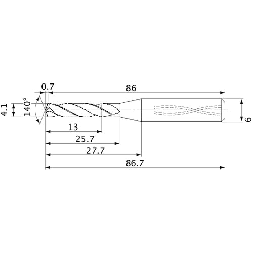 MVS0410X03S060 DP1020 4.1 mm Dia. × 6 mm Shank × 25.7 mm Flute Length × 86.7 mm OAL, 140°, 2 Flute, Coolant Thru, Solid Carbide Drill