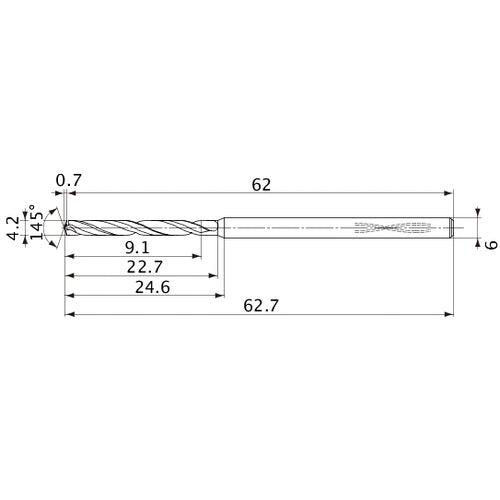 MVS0420X02S060PL DP1020 4.2 mm Dia. × 6 mm Shank × 22.7 mm Flute Length × 62.7 mm OAL, 145°, 2 Flute, Coolant Thru, Solid Carbide Drill