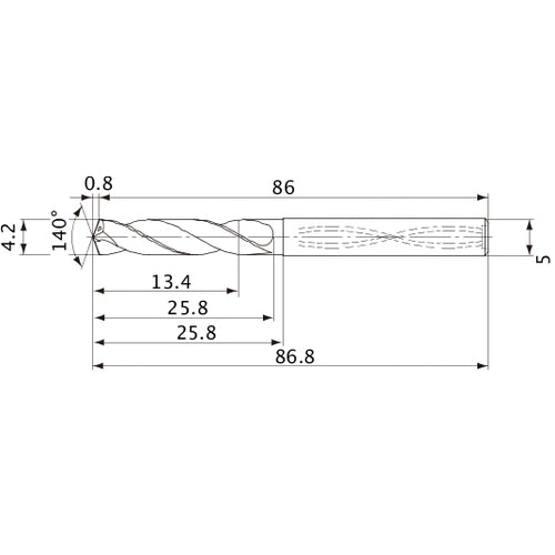 MVS0420X03S050 DP1020 4.2 mm Dia. × 5 mm Shank × 25.8 mm Flute Length × 86.8 mm OAL, 140°, 2 Flute, Coolant Thru, Solid Carbide Drill