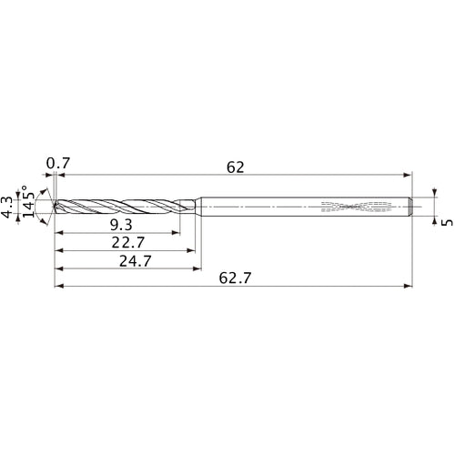 MVS0430X02S050PL DP1020 4.3 mm Dia. × 5 mm Shank × 22.7 mm Flute Length × 62.7 mm OAL, 145°, 2 Flute, Coolant Thru, Solid Carbide Drill