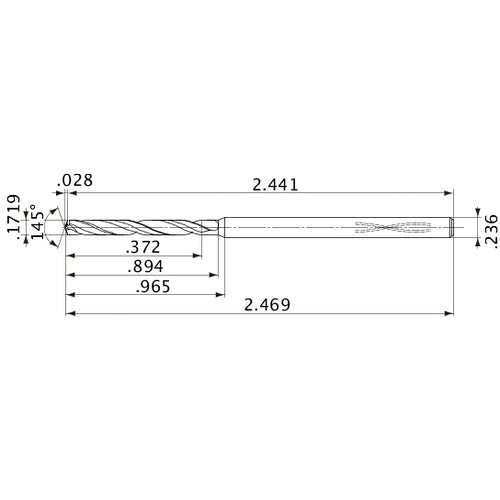 MVS0437X02S060PL DP1020 0.1719″ Dia. × 0.236″ Shank × 0.894″ Flute Length × 2.469″ OAL, 145°, 2 Flute, Coolant Thru, Solid Carbide Drill