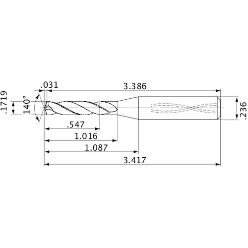 MVS0437X03S060 DP1020 0.1719″ Dia. × 0.236″ Shank × 1.016″ Flute Length × 3.417″ OAL, 140°, 2 Flute, Coolant Thru, Solid Carbide Drill