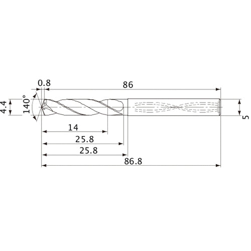 MVS0440X03S050 DP1020 4.4 mm Dia. × 5 mm Shank × 25.8 mm Flute Length × 86.8 mm OAL, 140°, 2 Flute, Coolant Thru, Solid Carbide Drill