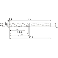 MVS0440X03S050 DP1020 4.4 mm Dia. × 5 mm Shank × 25.8 mm Flute Length × 86.8 mm OAL, 140°, 2 Flute, Coolant Thru, Solid Carbide Drill