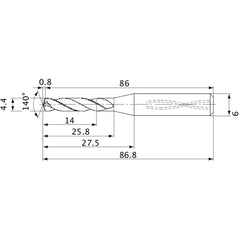 MVS0440X03S060 DP1020 4.4 mm Dia. × 6 mm Shank × 25.8 mm Flute Length × 86.8 mm OAL, 140°, 2 Flute, Coolant Thru, Solid Carbide Drill