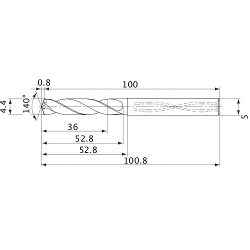 MVS0440X08S050 DP1020 4.4 mm Dia. × 5 mm Shank × 52.8 mm Flute Length × 100.8 mm OAL, 140°, 2 Flute, Coolant Thru, Solid Carbide Drill