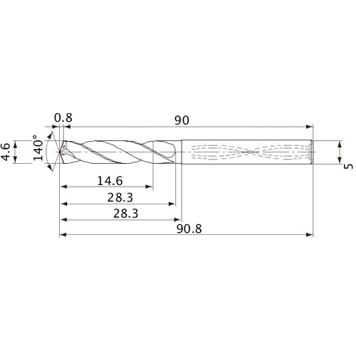 MVS0460X03S050 DP1020 4.6 mm Dia. × 5 mm Shank × 28.3 mm Flute Length × 90.8 mm OAL, 140°, 2 Flute, Coolant Thru, Solid Carbide Drill