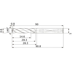 MVS0460X03S050 DP1020 4.6 mm Dia. × 5 mm Shank × 28.3 mm Flute Length × 90.8 mm OAL, 140°, 2 Flute, Coolant Thru, Solid Carbide Drill
