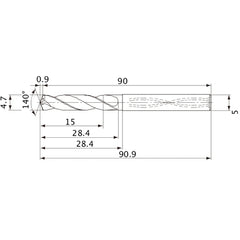 MVS0470X03S050 DP1020 4.7 mm Dia. × 5 mm Shank × 28.4 mm Flute Length × 90.9 mm OAL, 140°, 2 Flute, Coolant Thru, Solid Carbide Drill