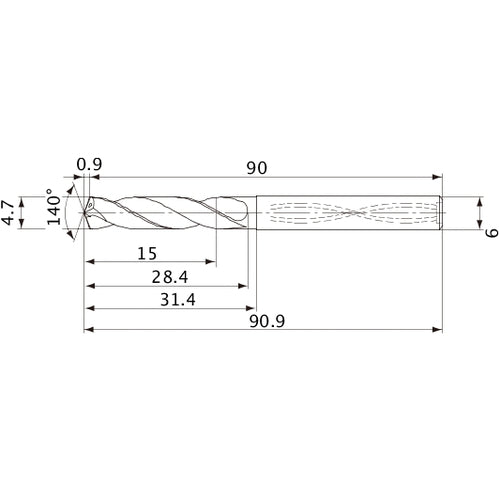 MVS0470X03S060 DP1020 4.7 mm Dia. × 6 mm Shank × 28.4 mm Flute Length × 90.9 mm OAL, 140°, 2 Flute, Coolant Thru, Solid Carbide Drill