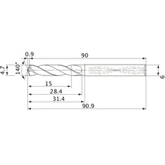MVS0470X03S060 DP1020 4.7 mm Dia. × 6 mm Shank × 28.4 mm Flute Length × 90.9 mm OAL, 140°, 2 Flute, Coolant Thru, Solid Carbide Drill