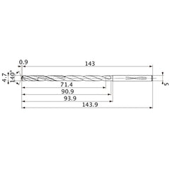MVS0470X15S050 DP1020 4.7 mm Dia. × 5 mm Shank × 90.9 mm Flute Length × 143.9 mm OAL, 140°, 2 Flute, Coolant Thru, Solid Carbide Drill