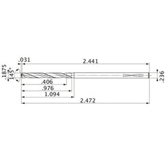 MVS0476X02S060PL DP1020 3/16″ Dia. × 0.236″ Shank × 0.976″ Flute Length × 2.472″ OAL, 145°, 2 Flute, Coolant Thru, Solid Carbide Drill