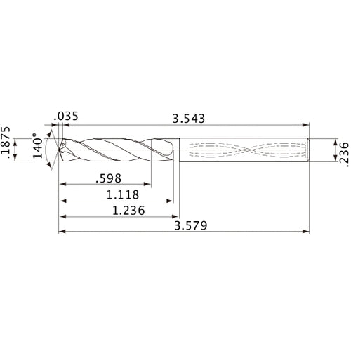 MVS0476X03S060 DP1020 3/16″ Dia. × 0.236″ Shank × 1.118″ Flute Length × 3.579″ OAL, 140°, 2 Flute, Coolant Thru, Solid Carbide Drill