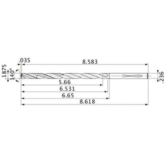 MVS0476X30S060 DP1020 3/16″ Dia. × 0.236″ Shank × 6.531″ Flute Length × 8.618″ OAL, 140°, 2 Flute, Coolant Thru, Solid Carbide Drill