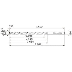 MVS0476X35S060 DP1020 3/16″ Dia. × 0.236″ Shank × 7.516″ Flute Length × 9.602″ OAL, 140°, 2 Flute, Coolant Thru, Solid Carbide Drill