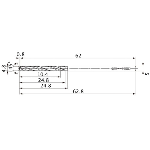 MVS0480X02S050PL DP1020 4.8 mm Dia. × 5 mm Shank × 24.8 mm Flute Length × 62.8 mm OAL, 145°, 2 Flute, Coolant Thru, Solid Carbide Drill