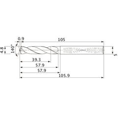 MVS0480X08S050 DP1020 4.8 mm Dia. × 5 mm Shank × 57.9 mm Flute Length × 105.9 mm OAL, 140°, 2 Flute, Coolant Thru, Solid Carbide Drill