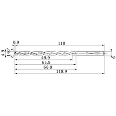 MVS0490X10S060 DP1020 4.9 mm Dia. × 6 mm Shank × 65.9 mm Flute Length × 118.9 mm OAL, 140°, 2 Flute, Coolant Thru, Solid Carbide Drill