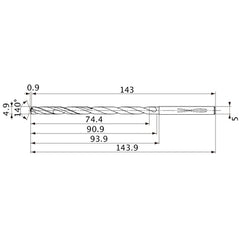 MVS0490X15S050 DP1020 4.9 mm Dia. × 5 mm Shank × 90.9 mm Flute Length × 143.9 mm OAL, 140°, 2 Flute, Coolant Thru, Solid Carbide Drill