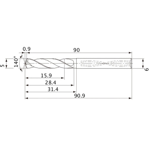 MVS0500X03S060 DP1020 5 mm Dia. × 6 mm Shank × 28.4 mm Flute Length × 90.9 mm OAL, 140°, 2 Flute, Coolant Thru, Solid Carbide Drill