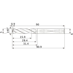 MVS0500X03S060 DP1020 5 mm Dia. × 6 mm Shank × 28.4 mm Flute Length × 90.9 mm OAL, 140°, 2 Flute, Coolant Thru, Solid Carbide Drill