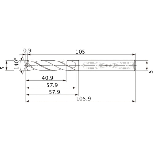 MVS0500X08S050 DP1020 5 mm Dia. × 5 mm Shank × 57.9 mm Flute Length × 105.9 mm OAL, 140°, 2 Flute, Coolant Thru, Solid Carbide Drill